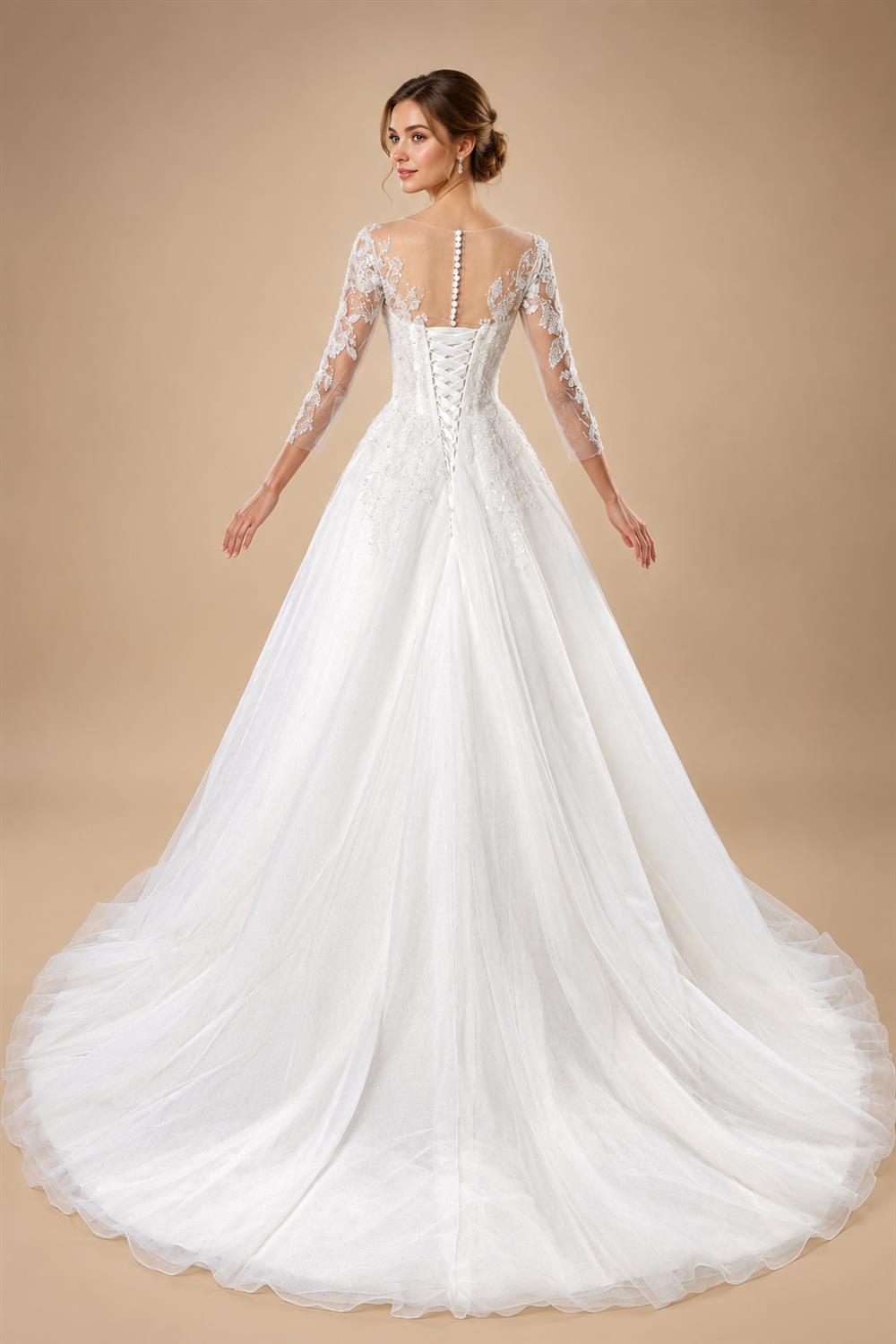 Glamorous White Illusion Neck Lace & Tulle Wedding Dress with Cathedral Train ZP063
