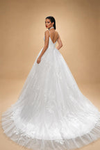 Elegant White Spaghetti Strap Satin Bodice Lace Tulle Wedding Dress with Train ZP065