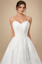 Elegant White Spaghetti Strap Satin Bodice Lace Tulle Wedding Dress with Train ZP065