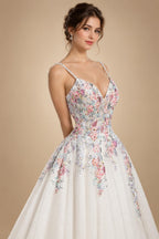 Glamorous White Floral Applique A-Line Tulle Wedding Dress with Train ZP066
