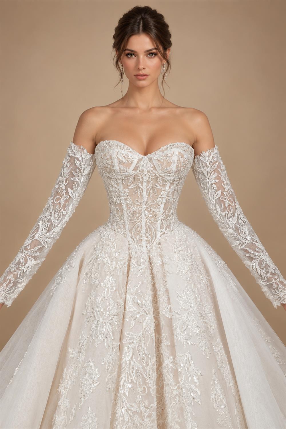 Elegant Ivory Strapless Corset Lace Tulle Bridal Gown Wedding Dress with Long Detachable Sleeves ZP067