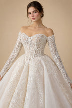 Elegant Ivory Strapless Corset Lace Tulle Bridal Gown Wedding Dress with Long Detachable Sleeves ZP067