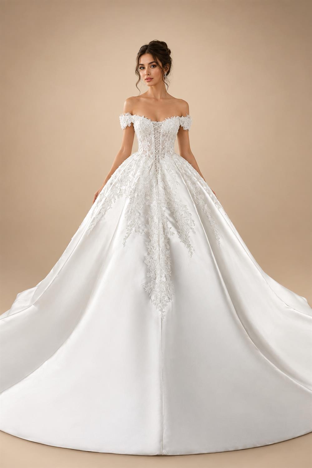 Luxury White Off-the-Shoulder Lace Satin Ball Gown Wedding Dress ZP069