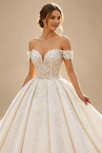 Luxury White Off-the-Shoulder Lace Satin Ball Gown Wedding Dress ZP069
