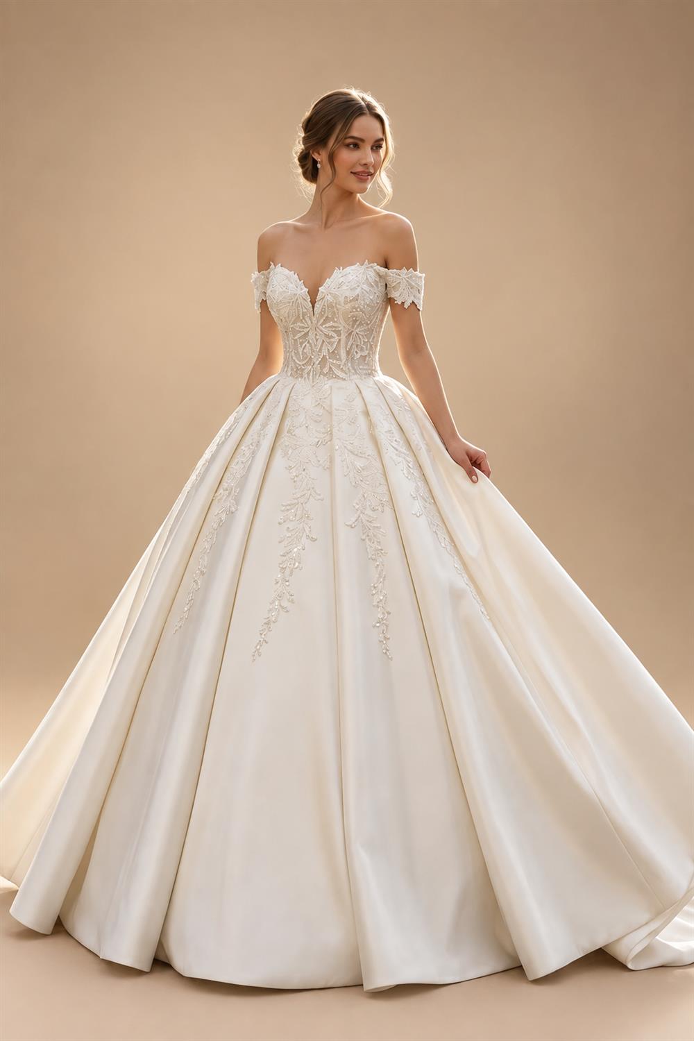 Luxury White Off-the-Shoulder Lace Satin Ball Gown Wedding Dress ZP069
