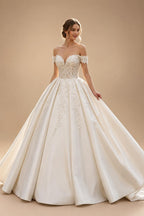Luxury White Off-the-Shoulder Lace Satin Ball Gown Wedding Dress ZP069