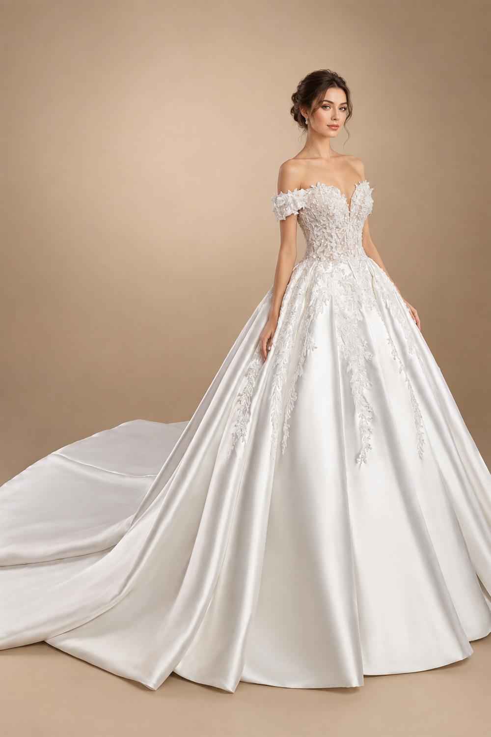 Luxury White Off-the-Shoulder Lace Satin Ball Gown Wedding Dress ZP069