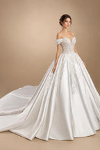 Luxury White Off-the-Shoulder Lace Satin Ball Gown Wedding Dress ZP069