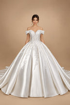 Luxury White Off-the-Shoulder Lace Satin Ball Gown Wedding Dress ZP069