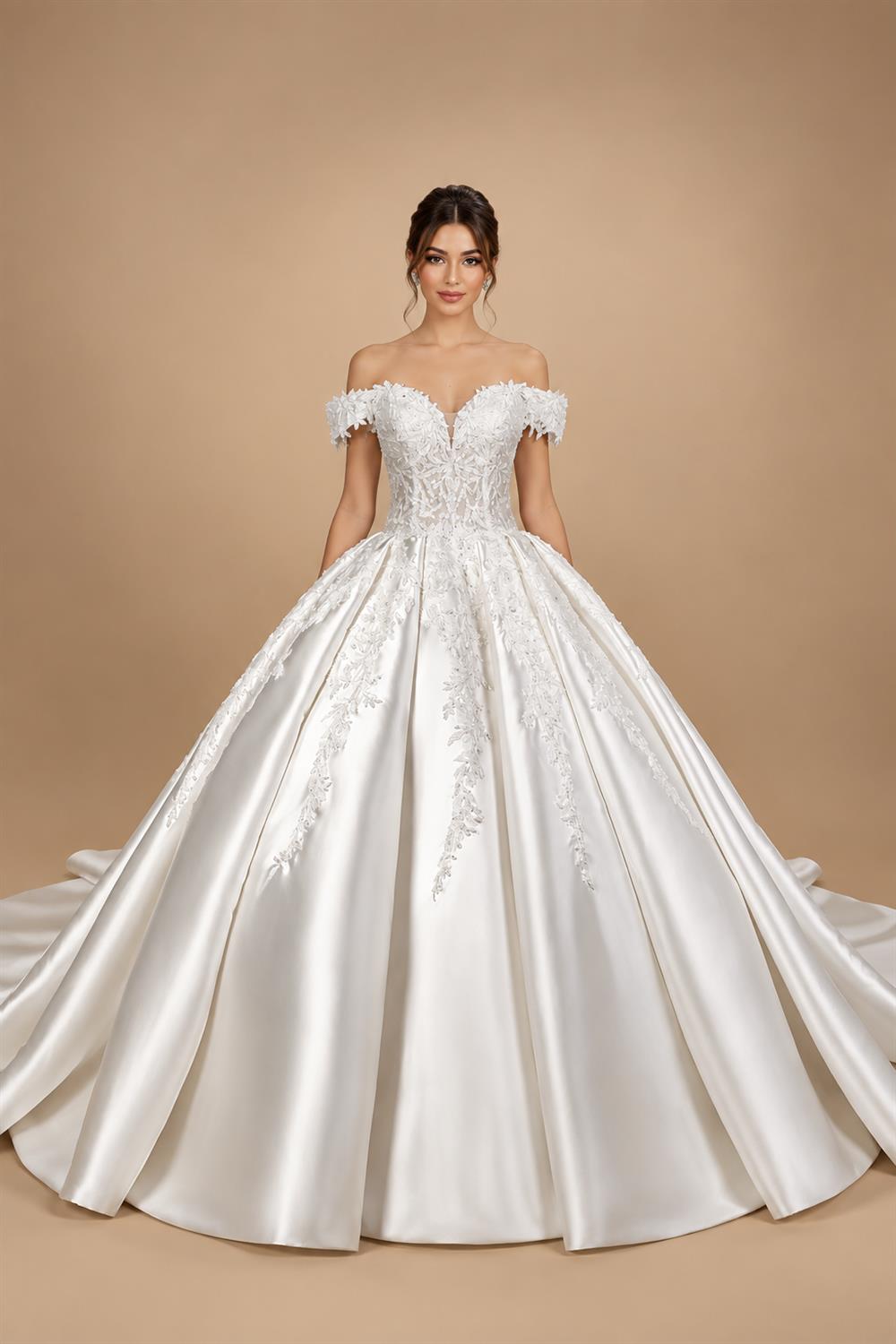 Luxury White Off-the-Shoulder Lace Satin Ball Gown Wedding Dress ZP069