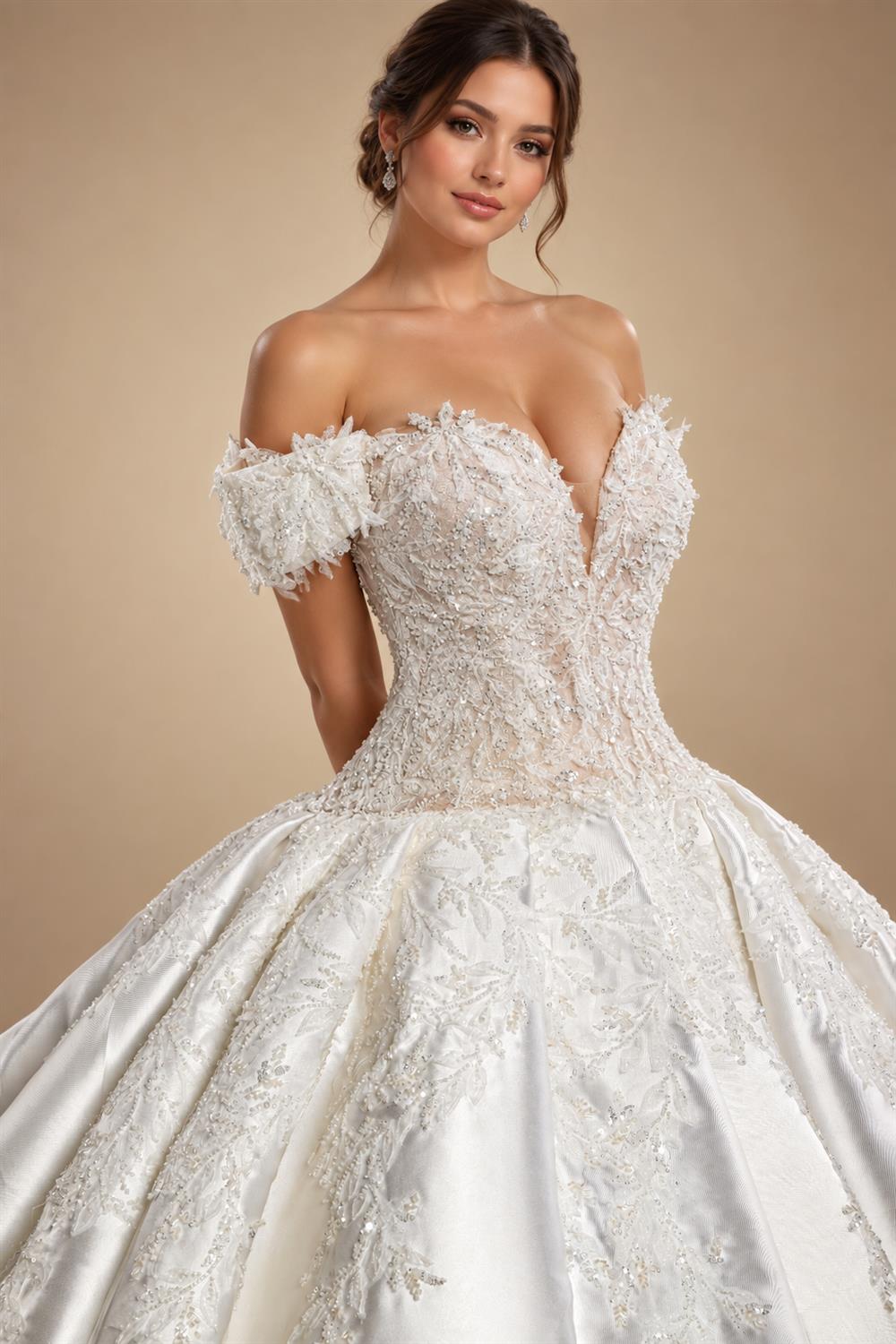 Luxury White Off-the-Shoulder Lace Satin Ball Gown Wedding Dress ZP069
