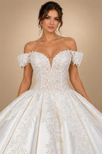 Luxury White Off-the-Shoulder Lace Satin Ball Gown Wedding Dress ZP069
