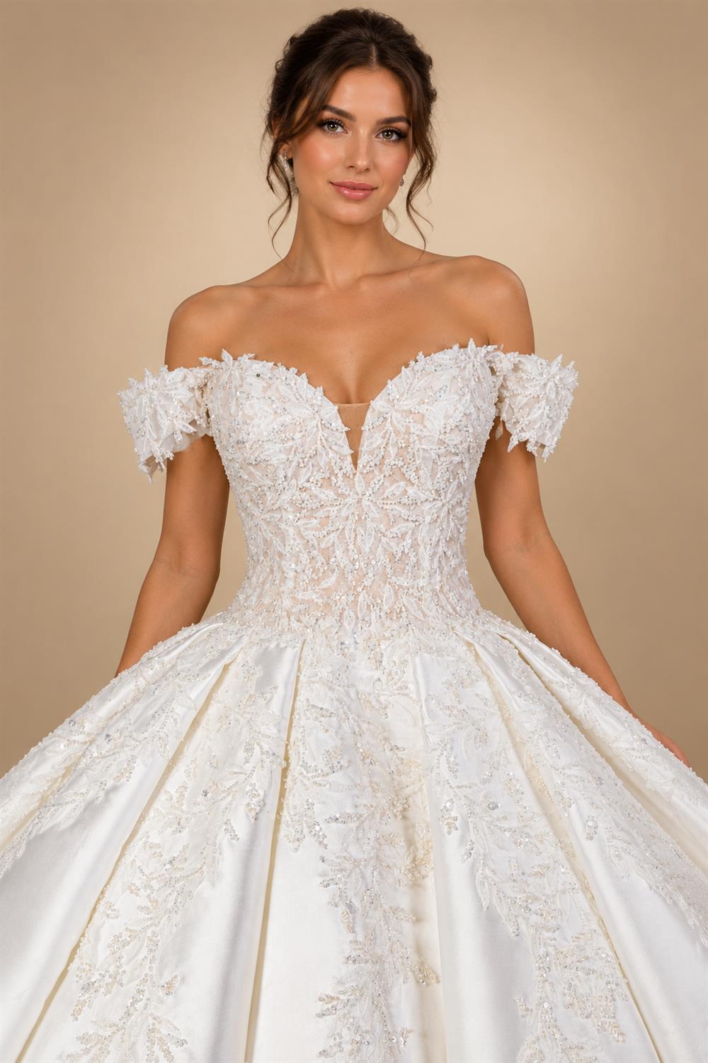 Luxury White Off-the-Shoulder Lace Satin Ball Gown Wedding Dress ZP069