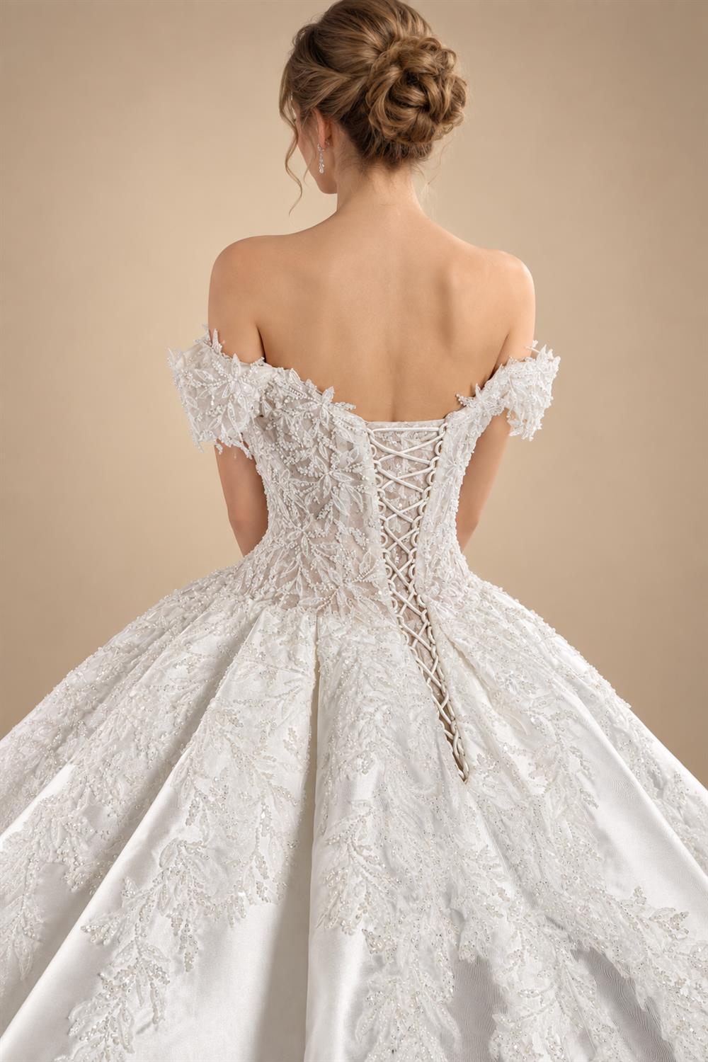 Luxury White Off-the-Shoulder Lace Satin Ball Gown Wedding Dress ZP069