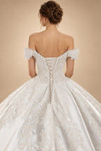 Luxury White Off-the-Shoulder Lace Satin Ball Gown Wedding Dress ZP069