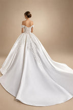 Luxury White Off-the-Shoulder Lace Satin Ball Gown Wedding Dress ZP069
