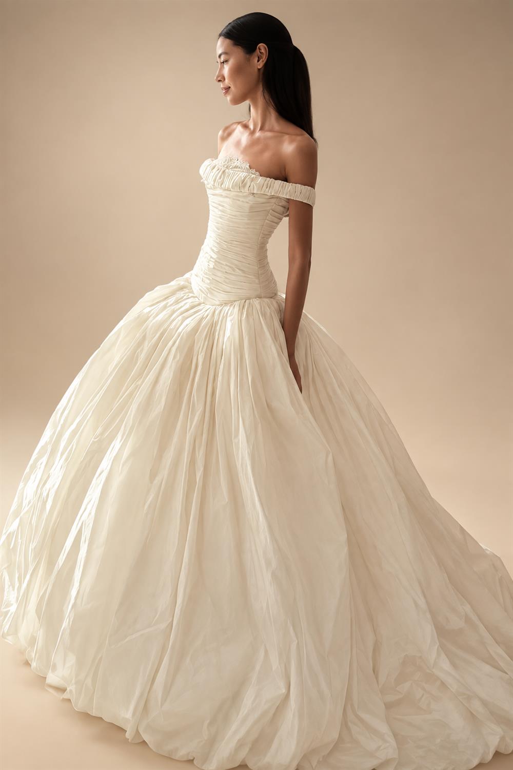 Elegant Ivory Strapless Ruched Satin Ball Gown Wedding Dress ZP070