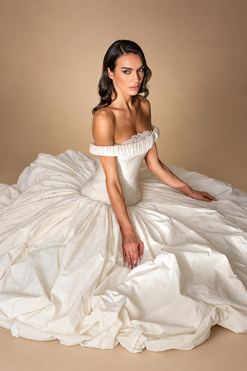 Elegant Ivory Strapless Ruched Satin Ball Gown Wedding Dress ZP070