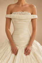 Elegant Ivory Strapless Ruched Satin Ball Gown Wedding Dress ZP070