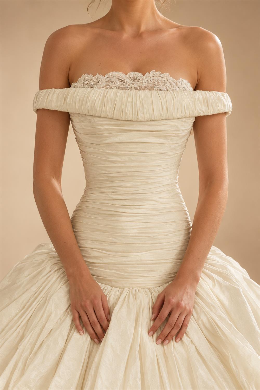 Elegant Ivory Strapless Ruched Satin Ball Gown Wedding Dress ZP070