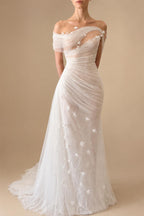 Elegant Off-the-Shoulder Ruched 3D Floral Wedding Dress with Veil ZP071