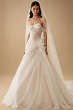 Dreamy Ivory Strapless 3D Floral Draped Wedding Dress with Veil ZP072