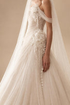 Dreamy Ivory Strapless 3D Floral Draped Wedding Dress with Veil ZP072