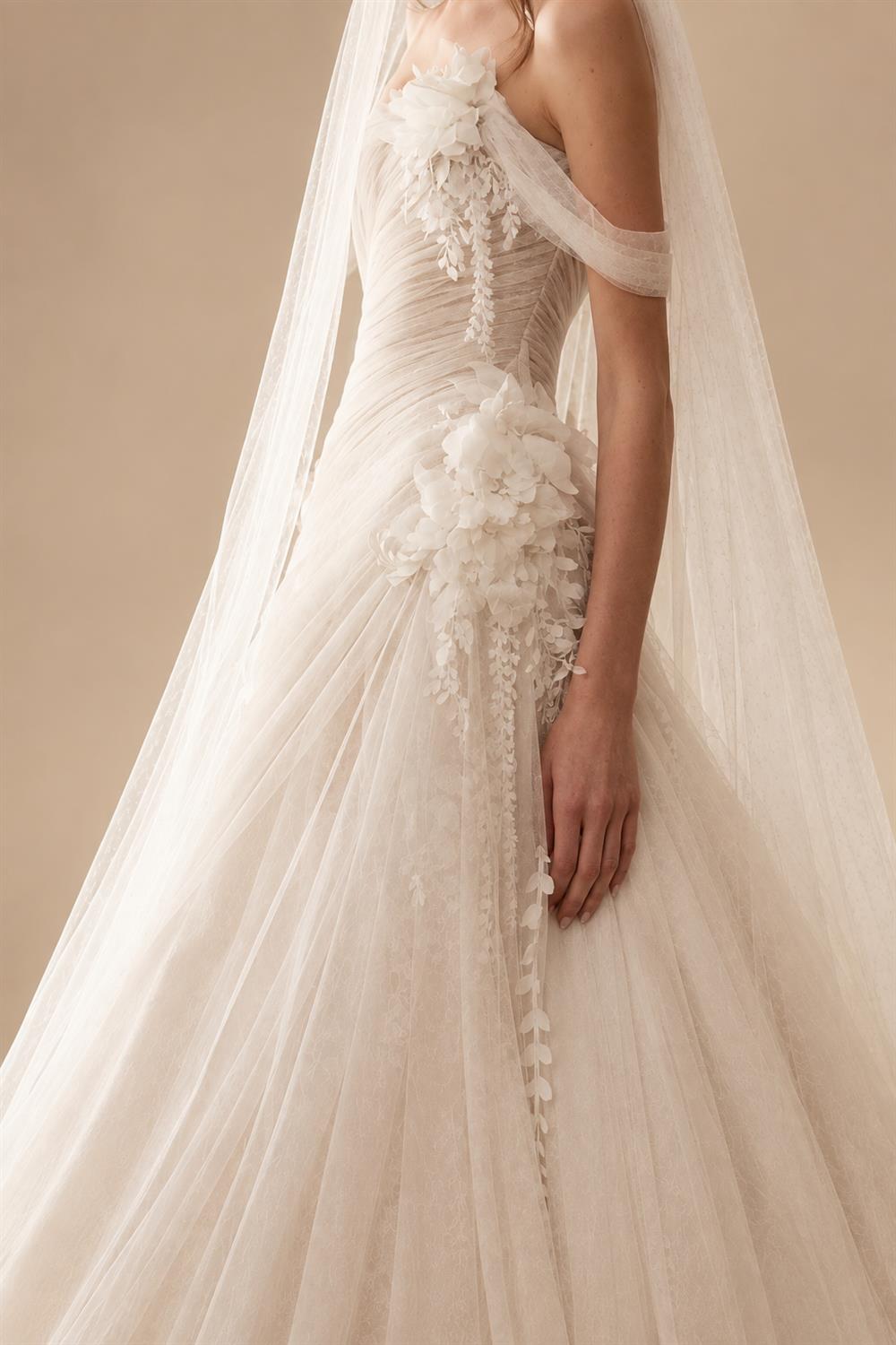 Dreamy Ivory Strapless 3D Floral Draped Wedding Dress with Veil ZP072