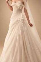 Dreamy Ivory Strapless 3D Floral Draped Wedding Dress with Veil ZP072