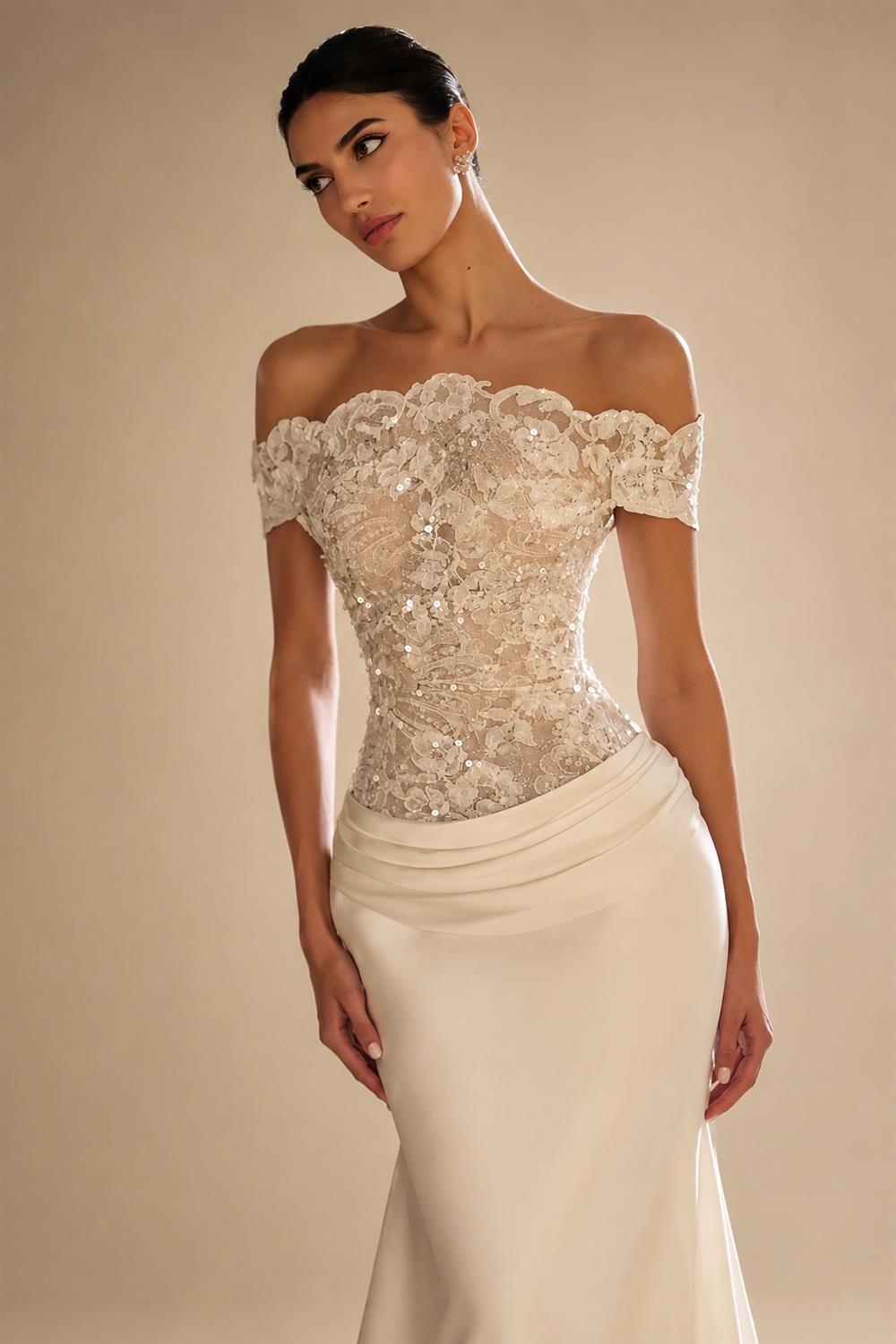 Luxury Ivory Off-the-Shoulder Lace and Satin Mermaid Wedding Dress with Veil ZP073