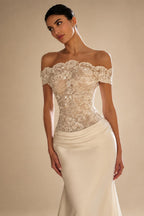 Luxury Ivory Off-the-Shoulder Lace and Satin Mermaid Wedding Dress with Veil ZP073