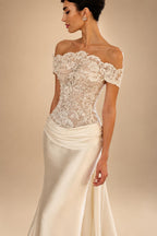 Luxury Ivory Off-the-Shoulder Lace and Satin Mermaid Wedding Dress with Veil ZP073
