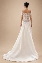 Luxury Ivory Off-the-Shoulder Lace and Satin Mermaid Wedding Dress with Veil ZP073