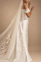 Luxury Ivory Off-the-Shoulder Lace and Satin Mermaid Wedding Dress with Veil ZP073