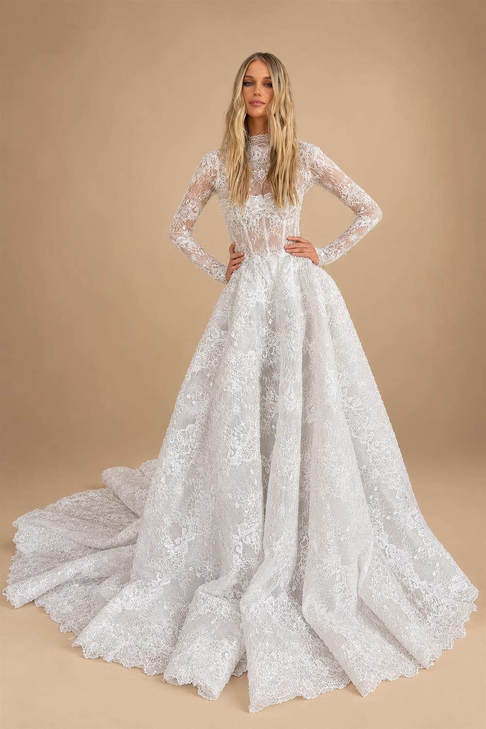 Elegant White High Neck Long Sleeve Lace A-Line Wedding Dress ZP077