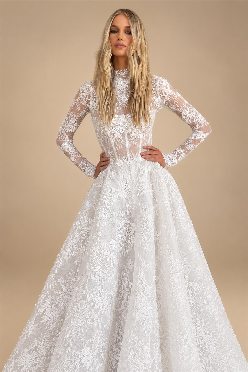 Elegant White High Neck Long Sleeve Lace A-Line Wedding Dress ZP077