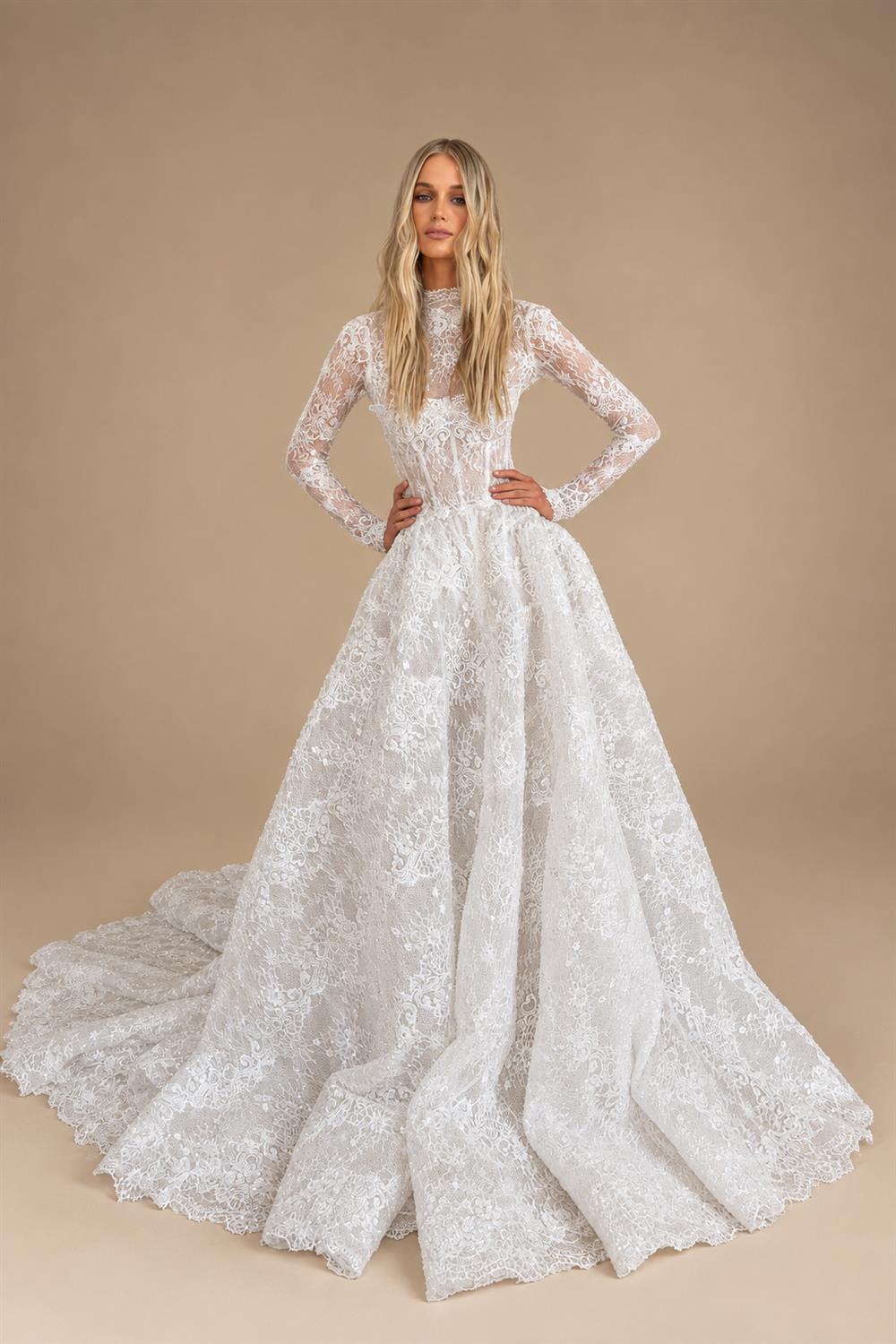 Elegant White High Neck Long Sleeve Lace A-Line Wedding Dress ZP077