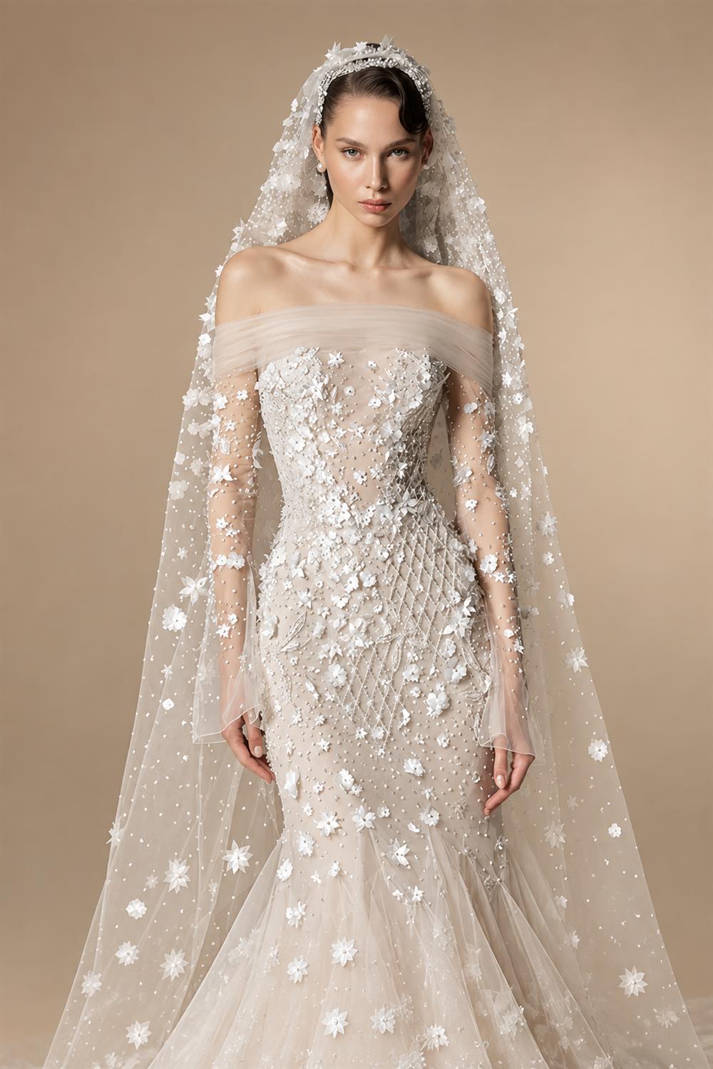 Glamorous Champagne Off-the-Shoulder Beaded Floral Mermaid Wedding Dress with Veil ZP078