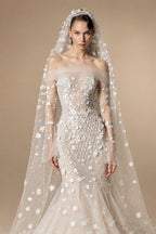Glamorous Champagne Off-the-Shoulder Beaded Floral Mermaid Wedding Dress with Veil ZP078