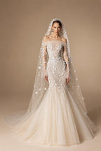 Glamorous Champagne Off-the-Shoulder Beaded Floral Mermaid Wedding Dress with Veil ZP078