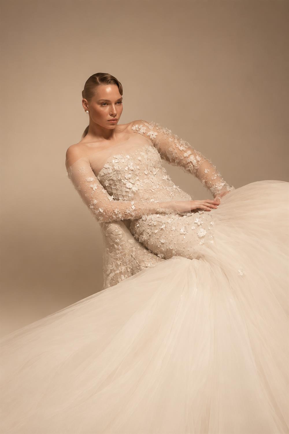 Glamorous Champagne Off-the-Shoulder Beaded Floral Mermaid Wedding Dress with Veil ZP078
