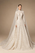 Luxury Champagne High Neck Long Sleeve Lace A-Line Wedding Dress with Buttons ZP079