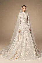 Luxury Champagne High Neck Long Sleeve Lace A-Line Wedding Dress with Buttons ZP079