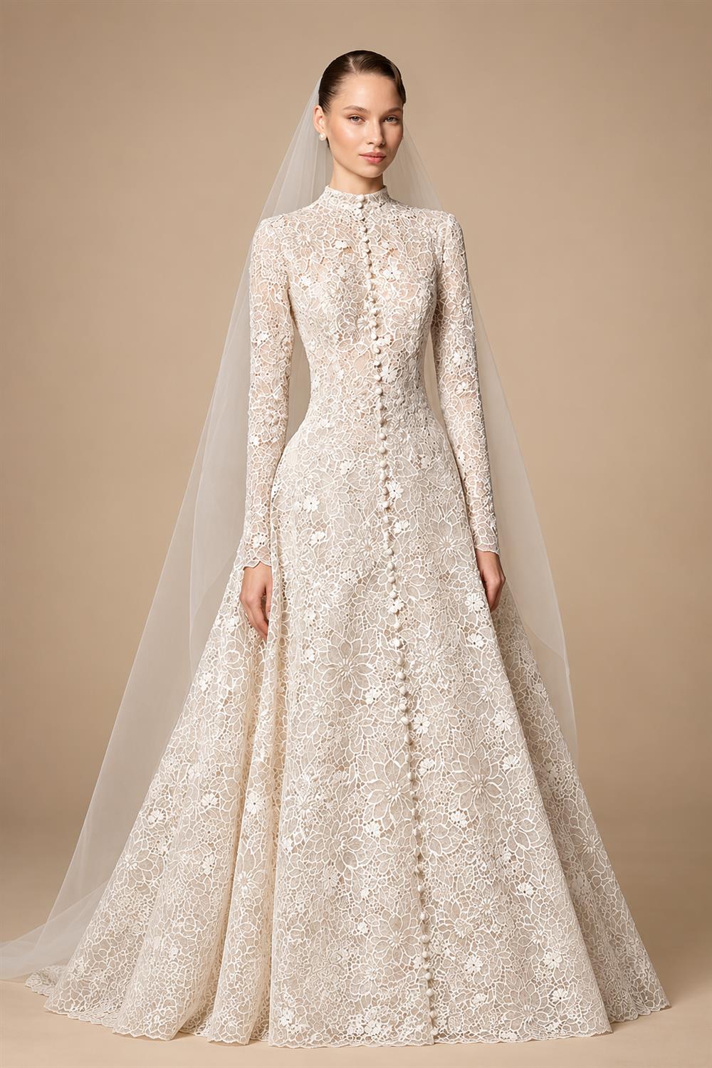 Luxury Champagne High Neck Long Sleeve Lace A-Line Wedding Dress with Buttons ZP079