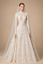 Luxury Champagne High Neck Long Sleeve Lace A-Line Wedding Dress with Buttons ZP079