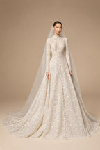 Luxury Champagne High Neck Long Sleeve Lace A-Line Wedding Dress with Buttons ZP079