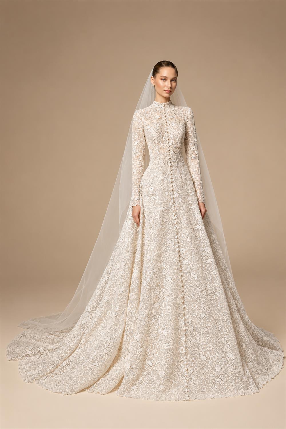 Luxury Champagne High Neck Long Sleeve Lace A-Line Wedding Dress with Buttons ZP079
