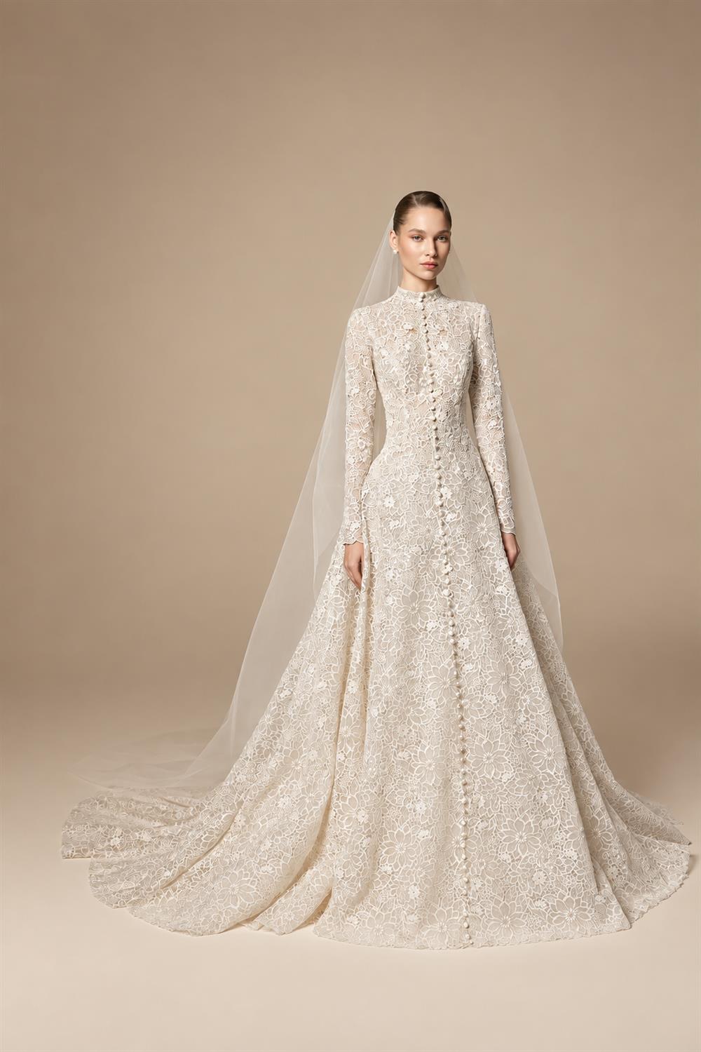 Luxury Champagne High Neck Long Sleeve Lace A-Line Wedding Dress with Buttons ZP079