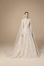 Luxury Champagne High Neck Long Sleeve Lace A-Line Wedding Dress with Buttons ZP079