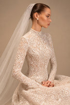 Luxury Champagne High Neck Long Sleeve Lace A-Line Wedding Dress with Buttons ZP079